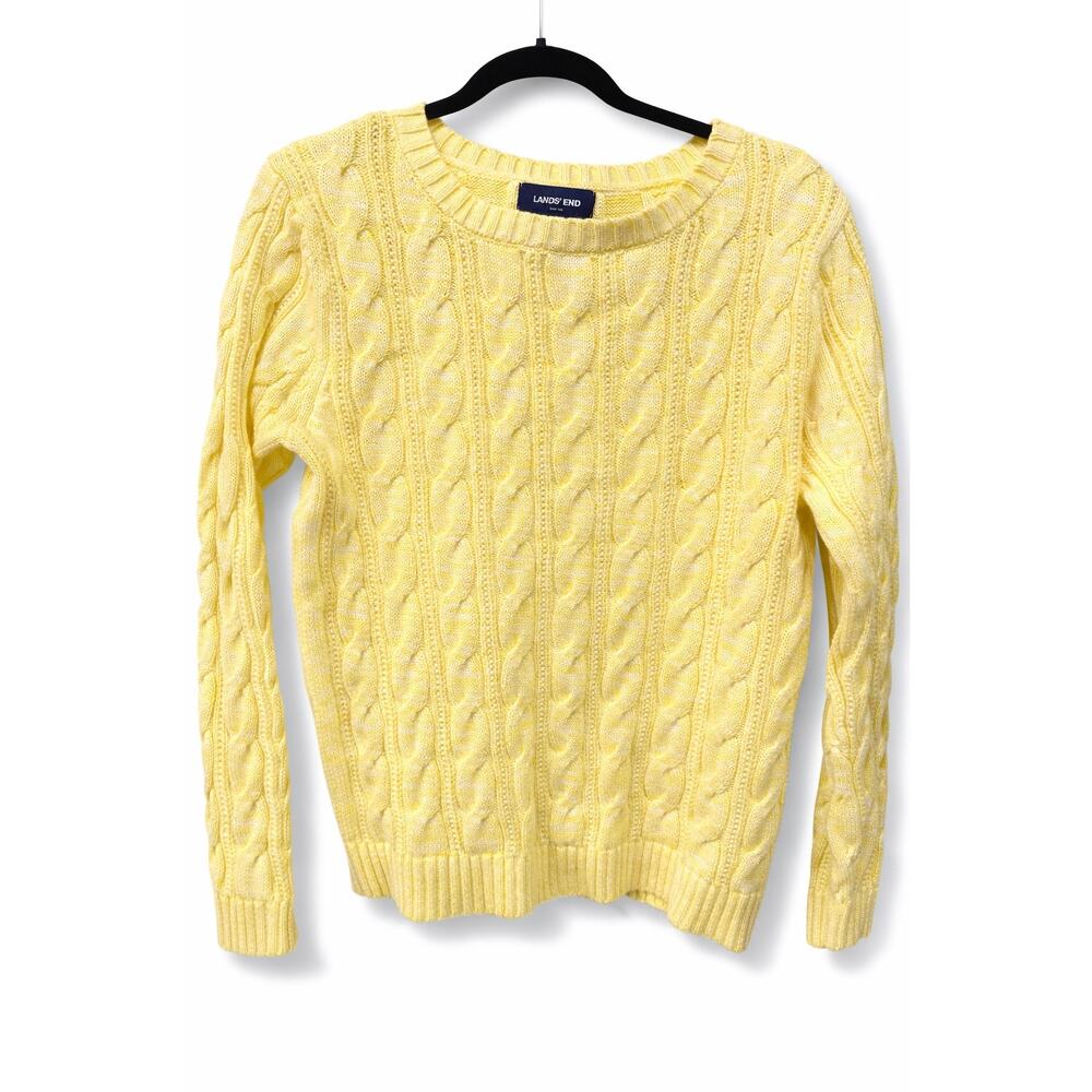 Lands’ End Medium Drifter Cable Knit Yellow Cotton Crewneck Preppy Classic